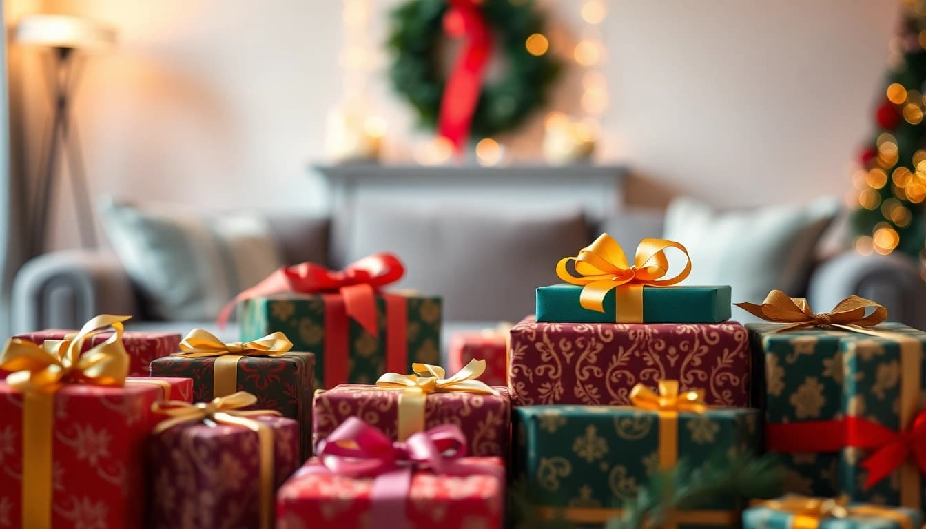 Besondere Geschenkideen in schöner Geschenkverpackung in einem gemütlichen Raum.