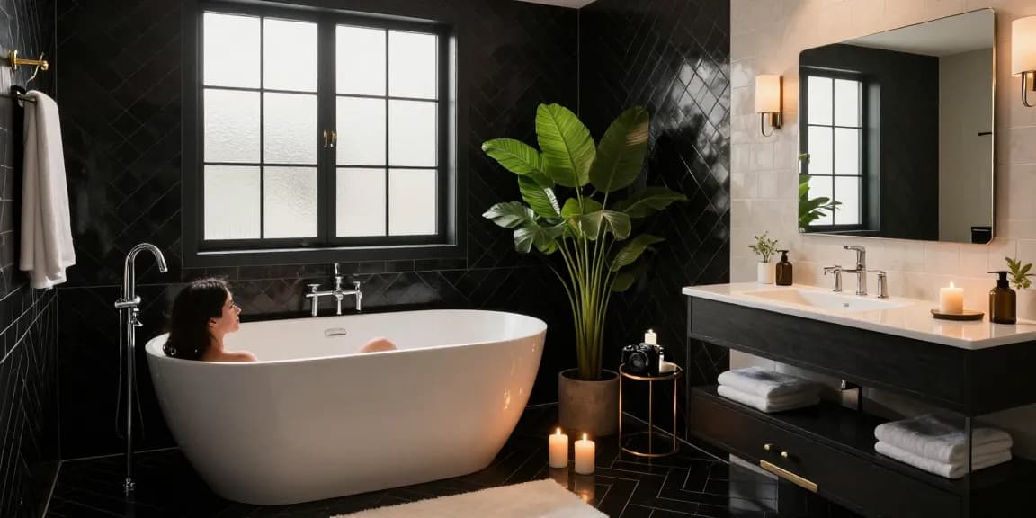 Elegant modern badkamer met visgraat tegels zwart en luxueuze armaturen in een serene sfeer.