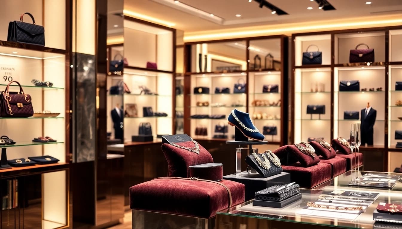 Showcasing luxury accessories in an elegant boutique setup, highlighting sophisticated designs and exquisite craftsmanship.