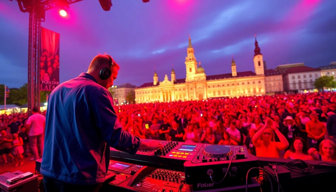 DJ in München begeistert die Menge auf einem Festival mit energiegeladener Musik.