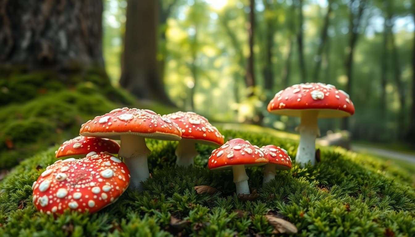 Fliegenpilz bestellen: Hochwertige Fliegenpilze in einer natürlichen Umgebung zeigend.