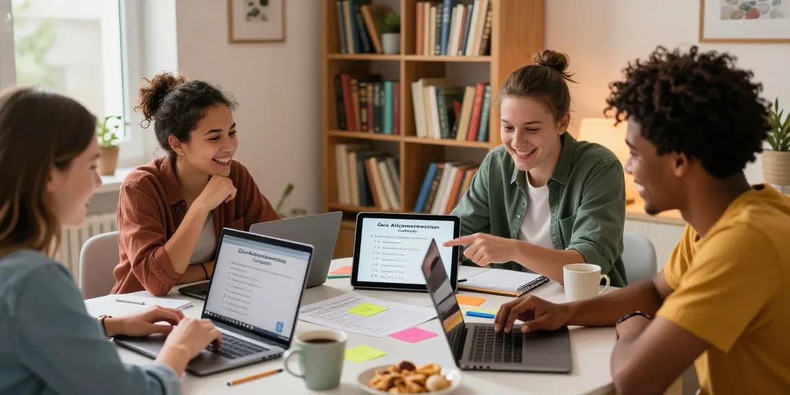 Friends engaging in a Quiz Allgemeinwissen challenge in a cozy study