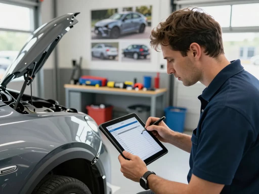 Professioneller Kfz Gutachter überprüft Fahrzeugschäden mit einem digitalen Tablet in einer gut beleuchteten Garage.