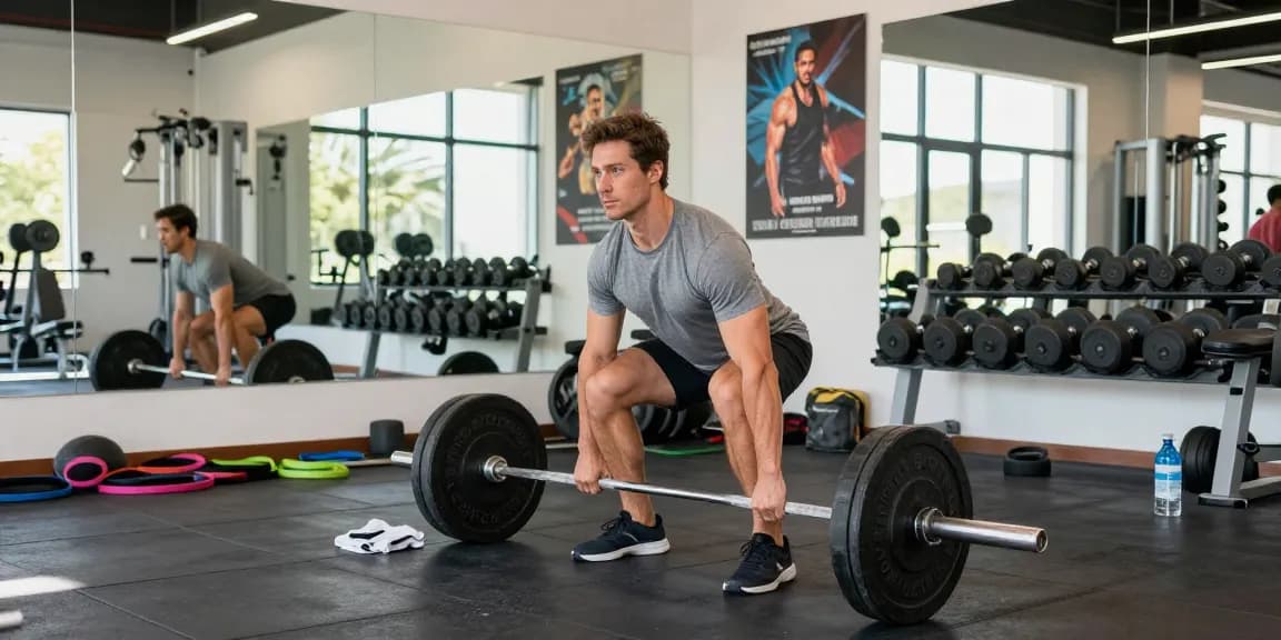 Kraftsportler zeigt Stärke im Fitnessstudio des Anabolika Shop Deutschland und führt ernsthaft eine Kniebeuge durch.