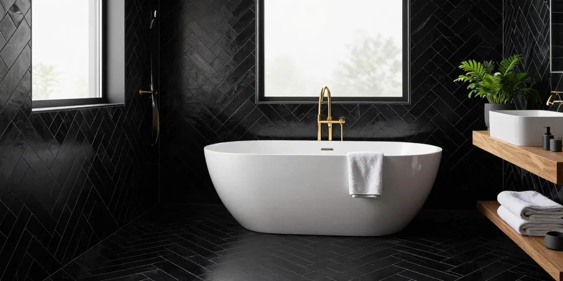 Een moderne badkamer die visgraat tegels zwart toont in een stijlvol visgraatmotief, voorzien van elegante armaturen en natuurlijk licht.