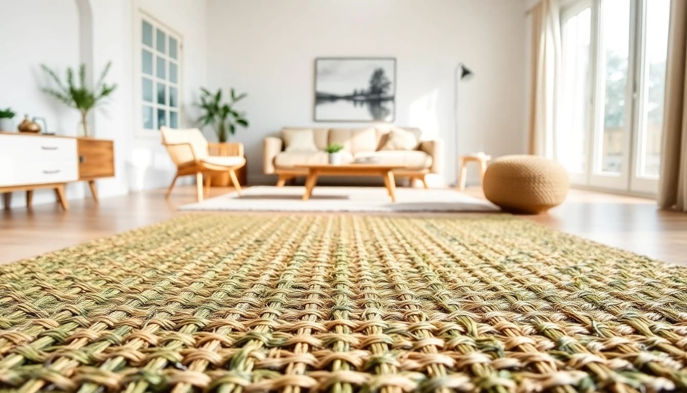 Hanfmatte in einem hellen Wohnzimmer mit natürlichem Licht und minimalistischer Einrichtung.