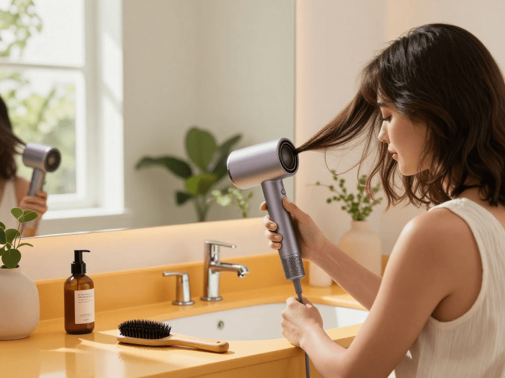 Woman styling hair with a sleek mini hair dryer in a bright, modern bathroom setting.