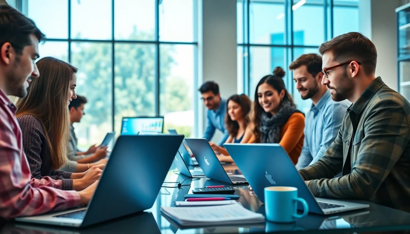 Software Hilfe: Menschen in einem modernen Büro, die mit neuer Technologie arbeiten.
