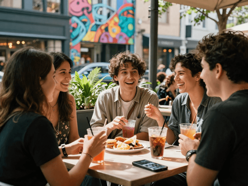 Friends enjoying vibrant outdoor café scene with rokok88 ambiance in a modern city setting.
