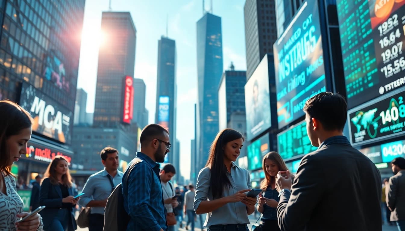 Analyse der Internet Trends in einer lebhaften Stadt mit modernen Geräten.