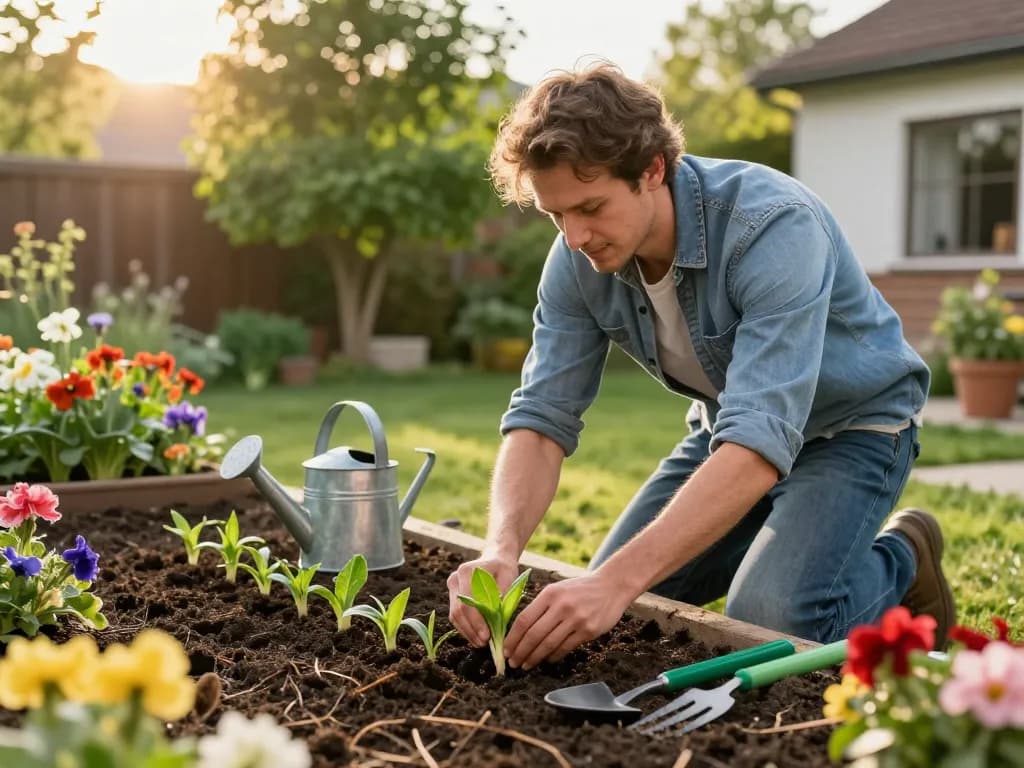Gardener planting sommerporree seedlings in a vibrant backyard garden with tools and flowers.