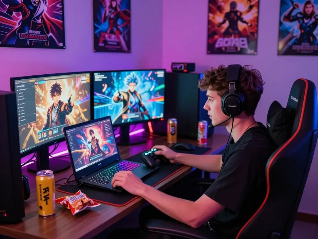 Engaged player enjoying a dynamic scene of porn ganes on multiple screens in a cozy gaming setup.