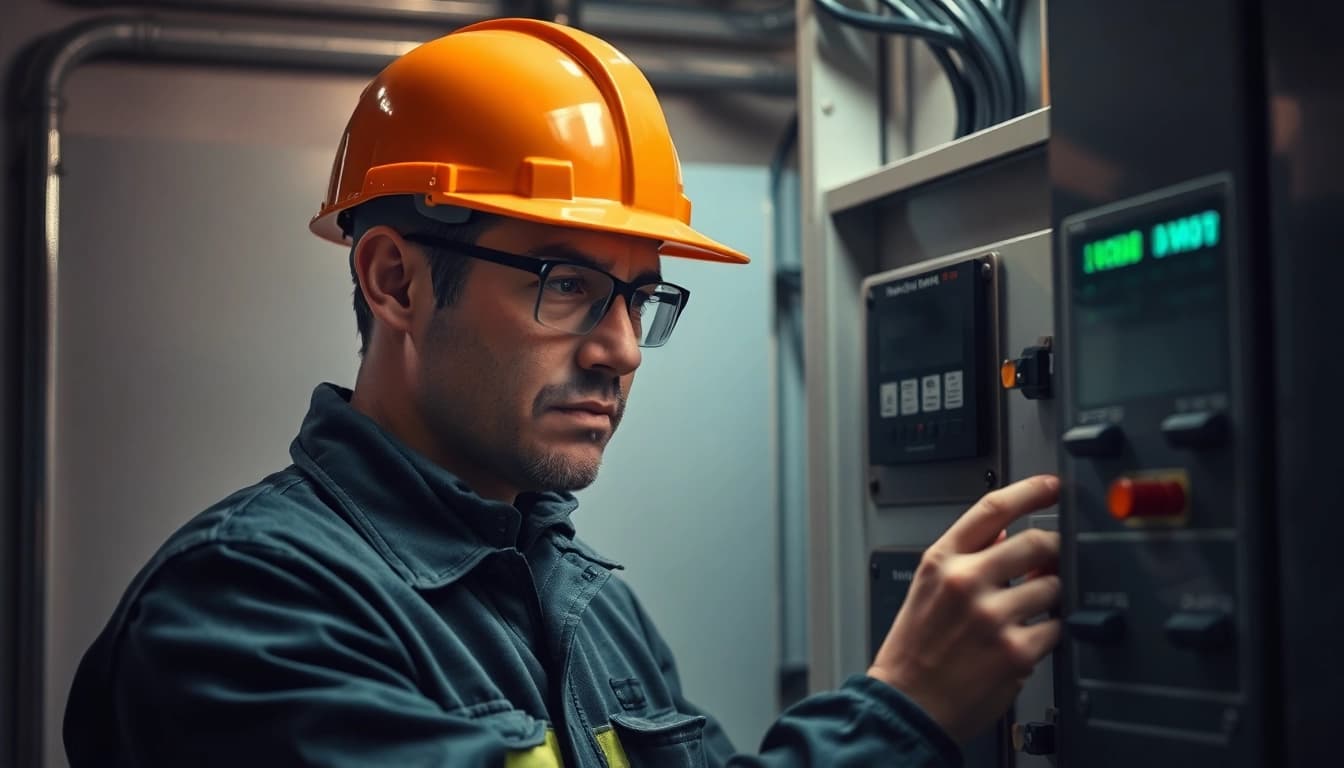 Techniker führt eine DGUV V3 Prüfung an elektrischen Anlagen durch, um Sicherheit und Funktionalität zu gewährleisten.