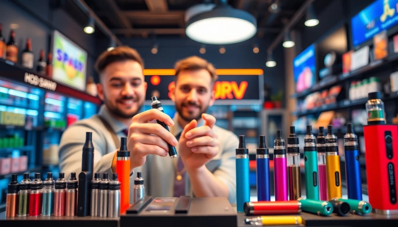Vape shop displays HQD SURV vapes with expert guidance in a colorful environment.