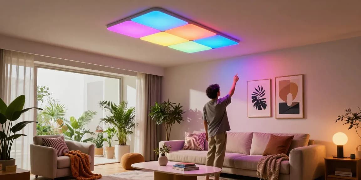 Admiring the Nanoleaf Skylight Erfahrungen in a stylish living room with innovative lighting.