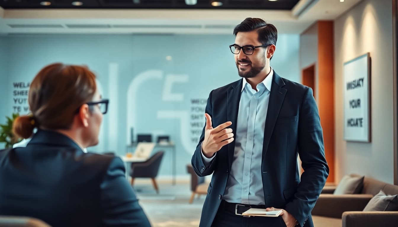 Headhunter Schweiz im professionellen Büro, im Gespräch mit einem Klienten, vertrauensvoll und engagiert.