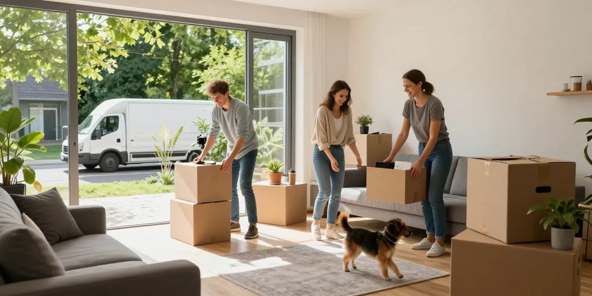 Umzugsunternehmen Darmstadt hilft beim Auspacken und Einrichten eines neuen Zuhauses mit fröhlicher Familie.