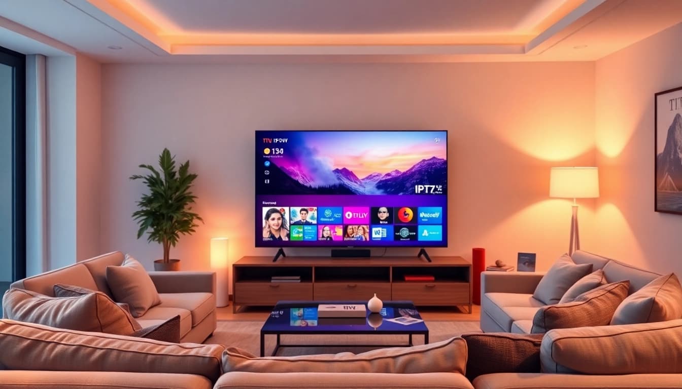 IPTV Deutschland in modern living room with smart TV and cozy seating arrangement.