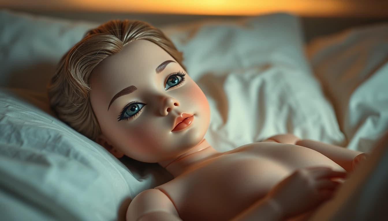 Realistisches Bild einer Love Dolls, die in einem eleganten Schlafzimmer-Setting posiert. Ideal für erotische Fantasien.