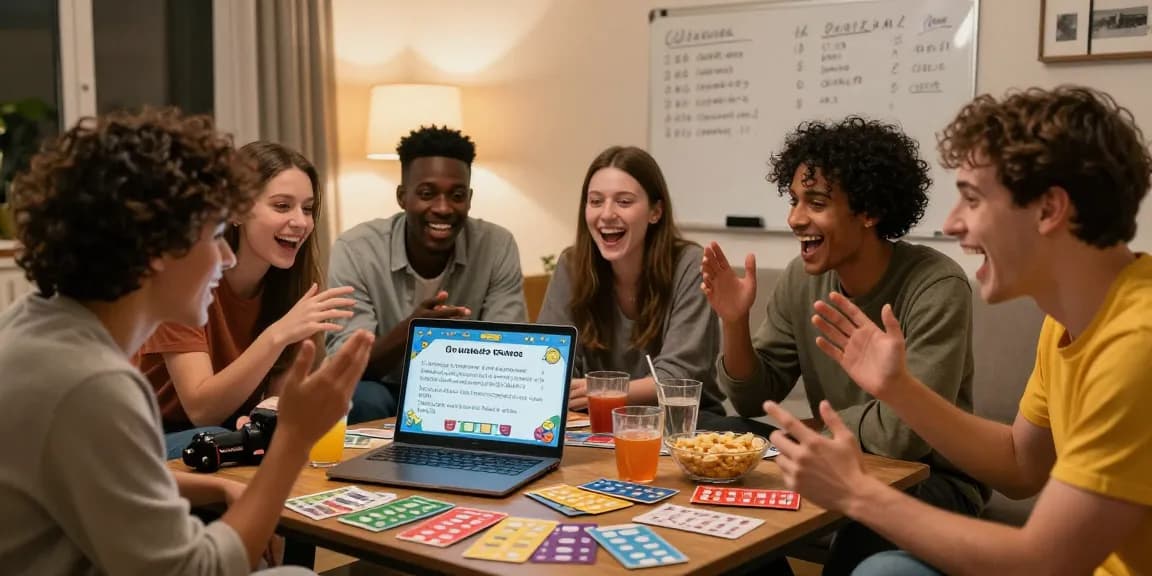 Freunde testen ihr Quiz Allgemeinwissen bei einem unterhaltsamen Spielabend zu Hause.