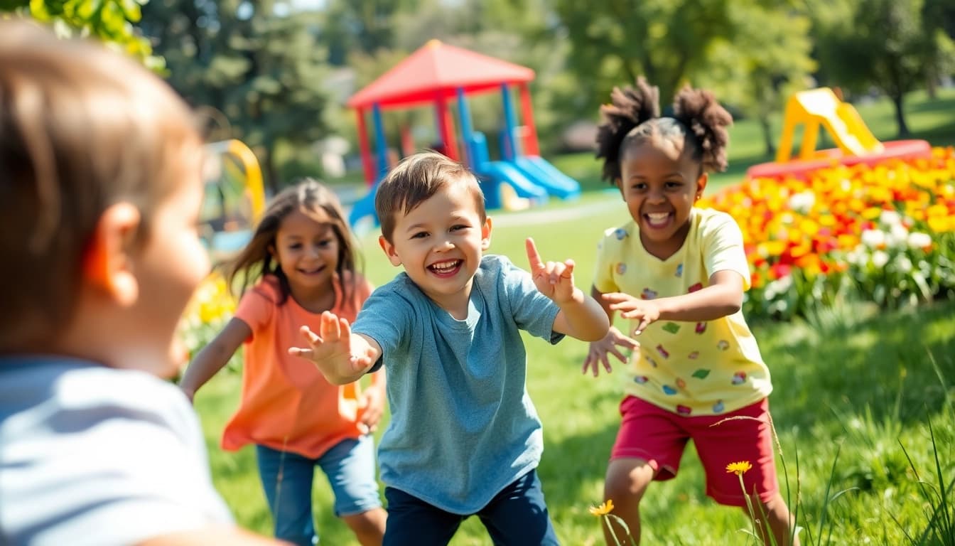 Jetzt Details ansehen: Kinder beim Spielen in einem lebendigen und bunten Bewegungsraum.