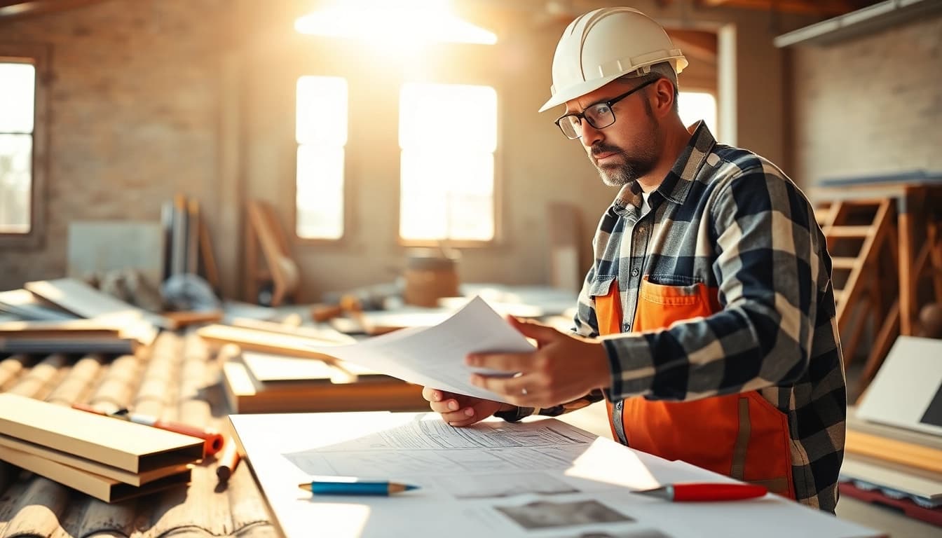 Efficient Flachdachsanierung Projektbegleitung durch Fachmann mit Plänen auf Baustelle.