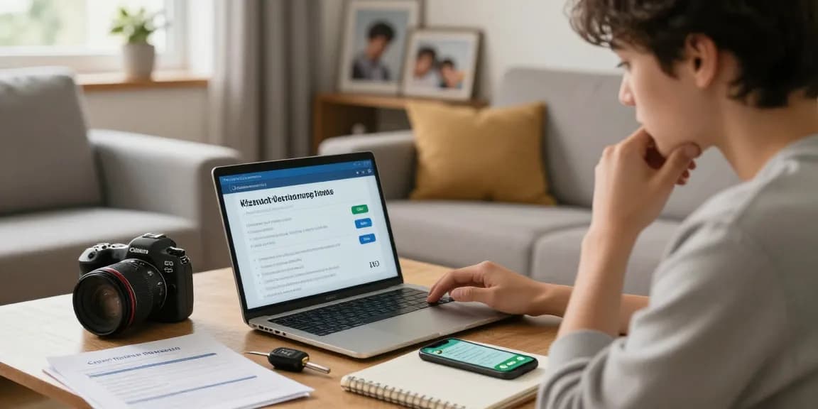 Kfz Versicherung vergleichen in gemütlichem Wohnzimmer mit Laptop und persönlichen Unterlagen.
