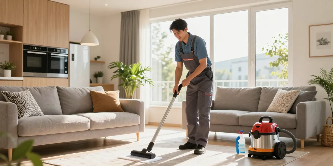 Professional cleaner from a reinigungsfirma solothurn joyfully cleaning a sunny living room space with bright natural light.