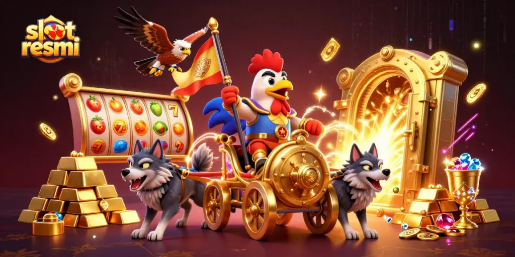 Spin vibrant slot reels in this dynamic 3D illustration for slot resmi enthusiasts, bursting with riches.