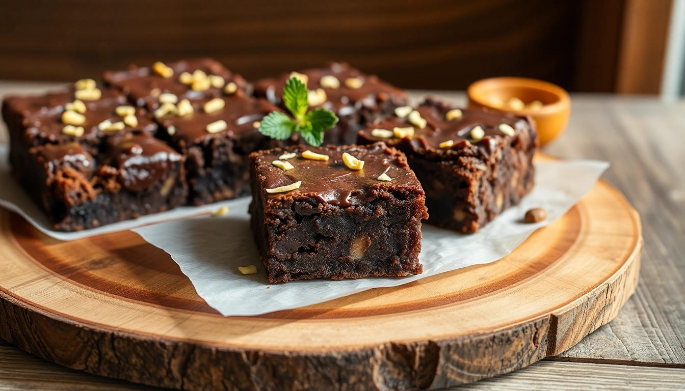 Genießen Sie köstliche Daga Brownies, frisch gebacken und kunstvoll angerichtet auf einem Holzbrett, verziert mit Minze.