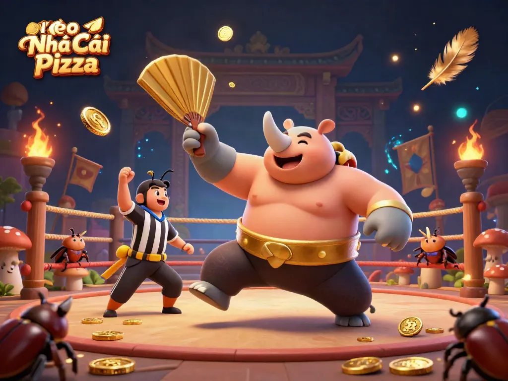 Experience Kèo Nhà Cái Pizza with a lively scene of a beetle sumo match, coins flying and excitement in the air.