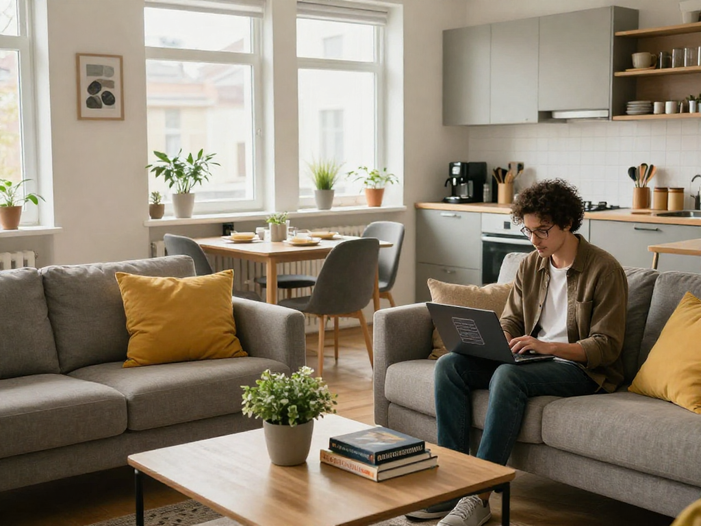 Moderne Monteurwohnung Hannover mit komfortabler Einrichtung, hellen Farben und flexiblen Buchungsoptionen für Reisende.