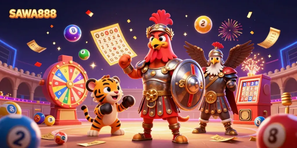 SAWA888 showcases a vibrant 3D scene with a gladiator rooster, capturing the excitement of gaming and winning.