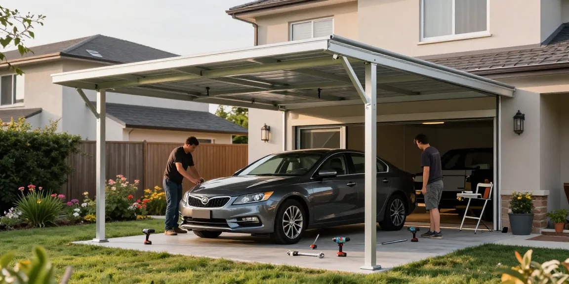 Moderne Carport-Installation mit eleganten Fahrzeugen und stilvollen Bauelementen im Garten
