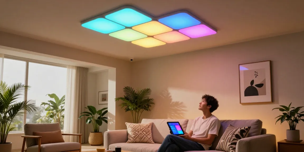 Nanoleaf Skylight Erfahrungen highlighted in a modern living room with dynamic lighting.