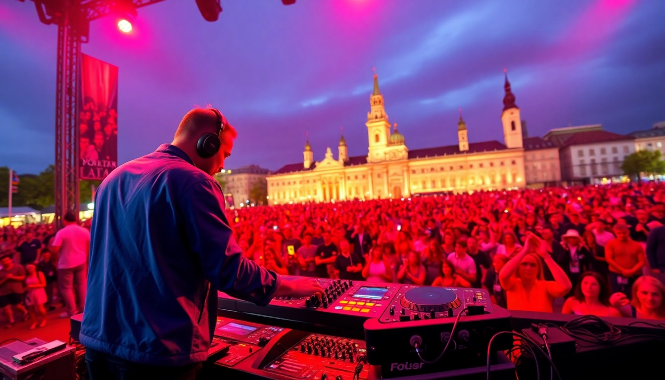 DJ in München begeistert die Menge auf einem Festival mit energiegeladener Musik.