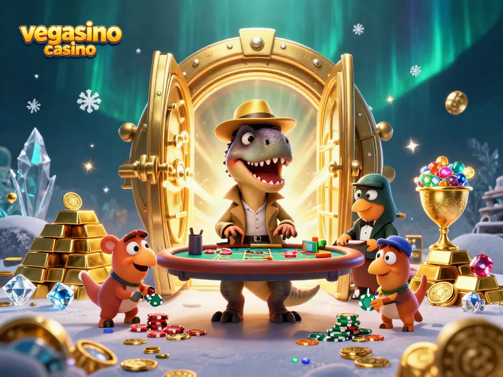 Experience the thrill of vegasino casino with animated dinosaurs engaging in card games.