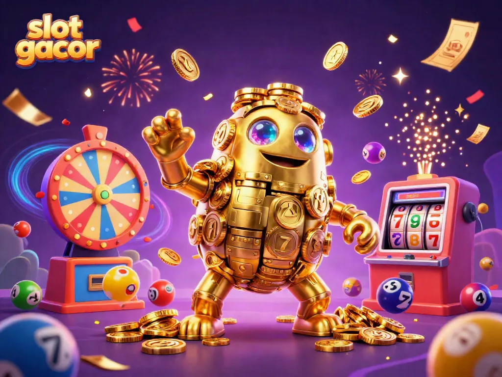 Experience the thrilling slot gacor action with golden golems and vibrant elements in a lively casino scene.