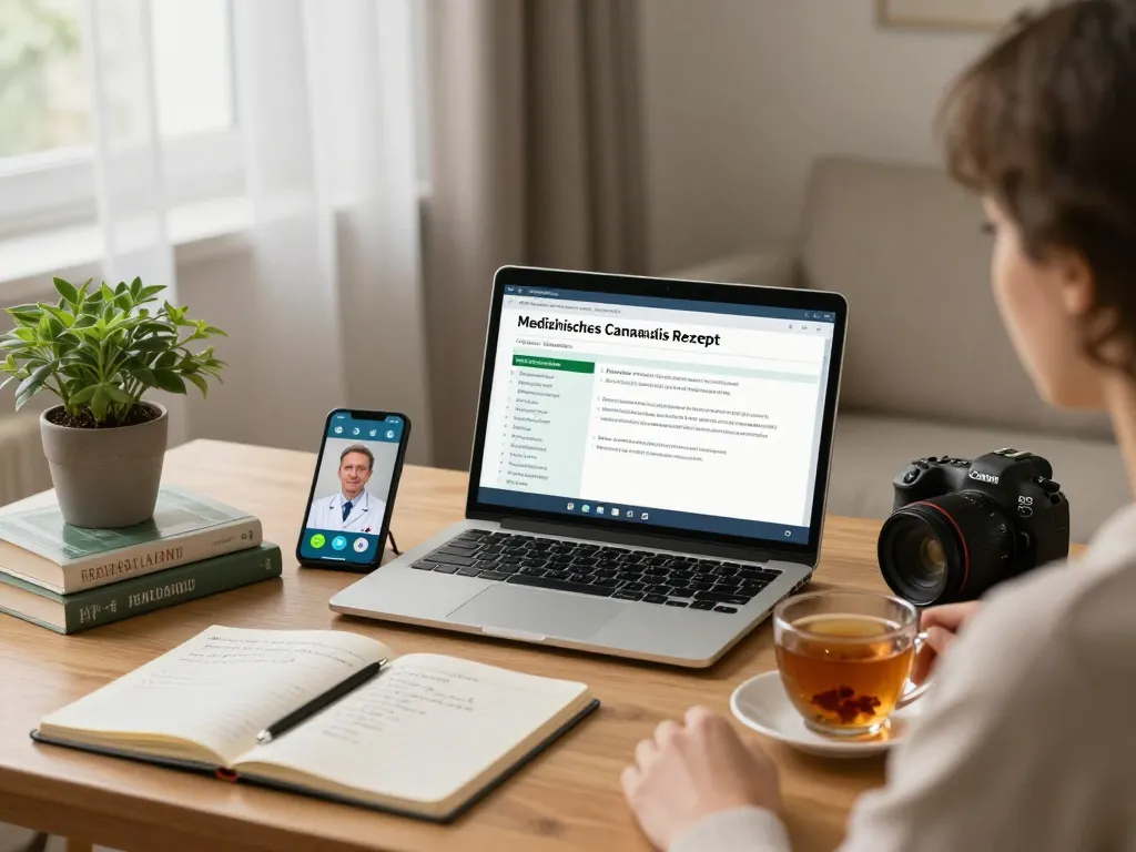 Patient, der im gemütlichen Homeoffice online ein Medizinisches Cannabis Rezept erhält und den medizinischen Fragebogen auf dem Laptop ausfüllt.