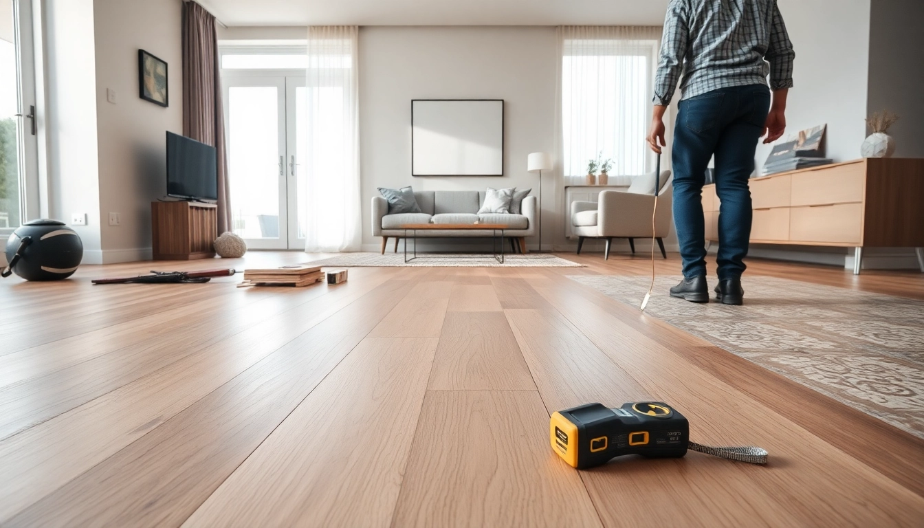 Installing flooring features modern techniques and materials in a stylish home environment.