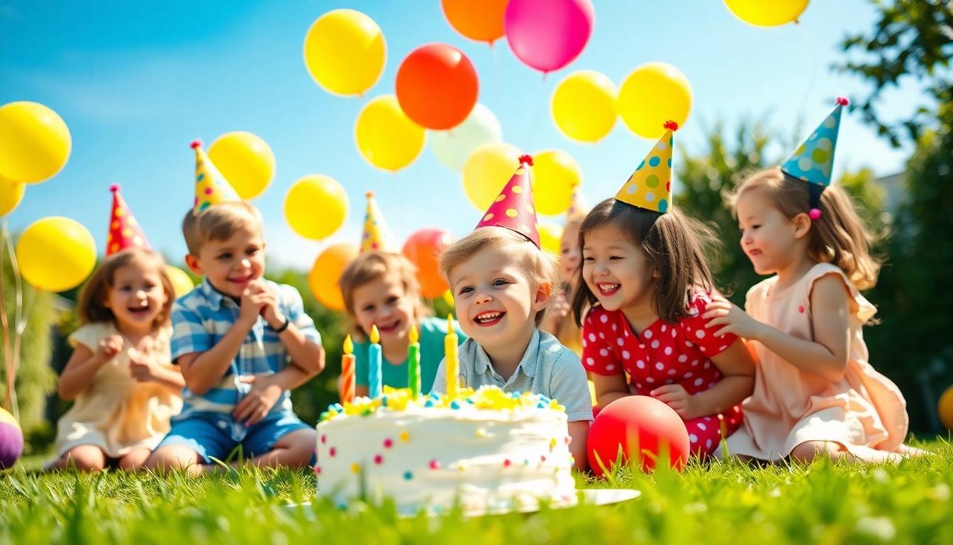 Kindergeburtstag 4 Jahre mit fröhlichen Kindern, Luftballons und einer Geburtstagstorte.