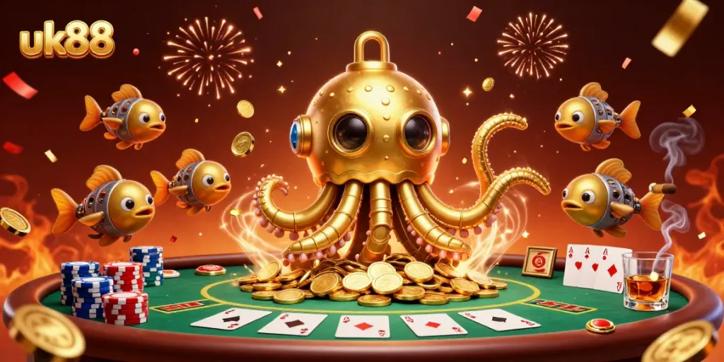 Experience thrilling gameplay dynamics at uk88 with a golden kraken and poker-themed 3D illustration.