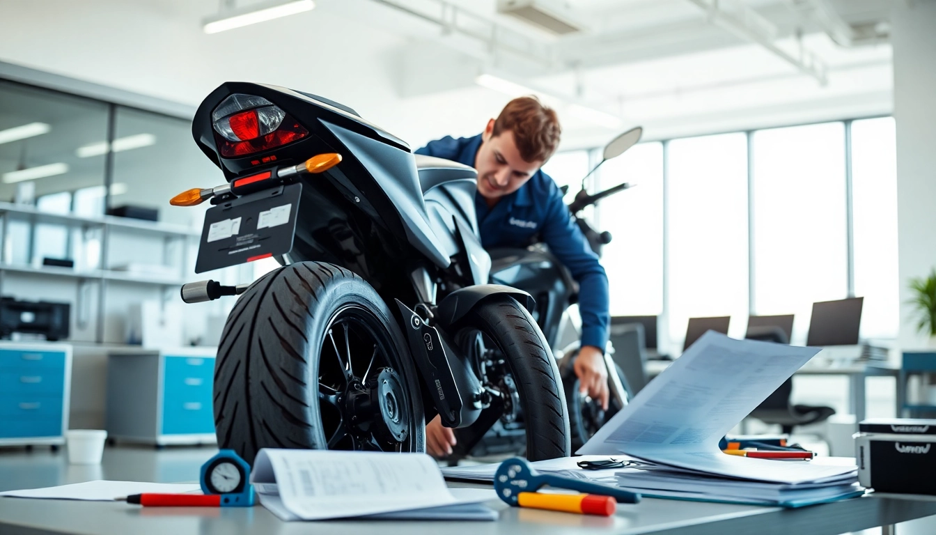 Motorradgutachten Augsburg mit einem Techniker, der ein Motorrad professionell inspiziert.