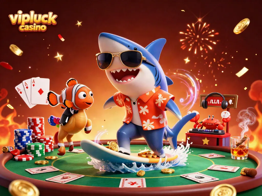 Experience the thrilling vipluck casino with a vibrant 3D shark, clownfish, and crab DJ amidst poker elements.