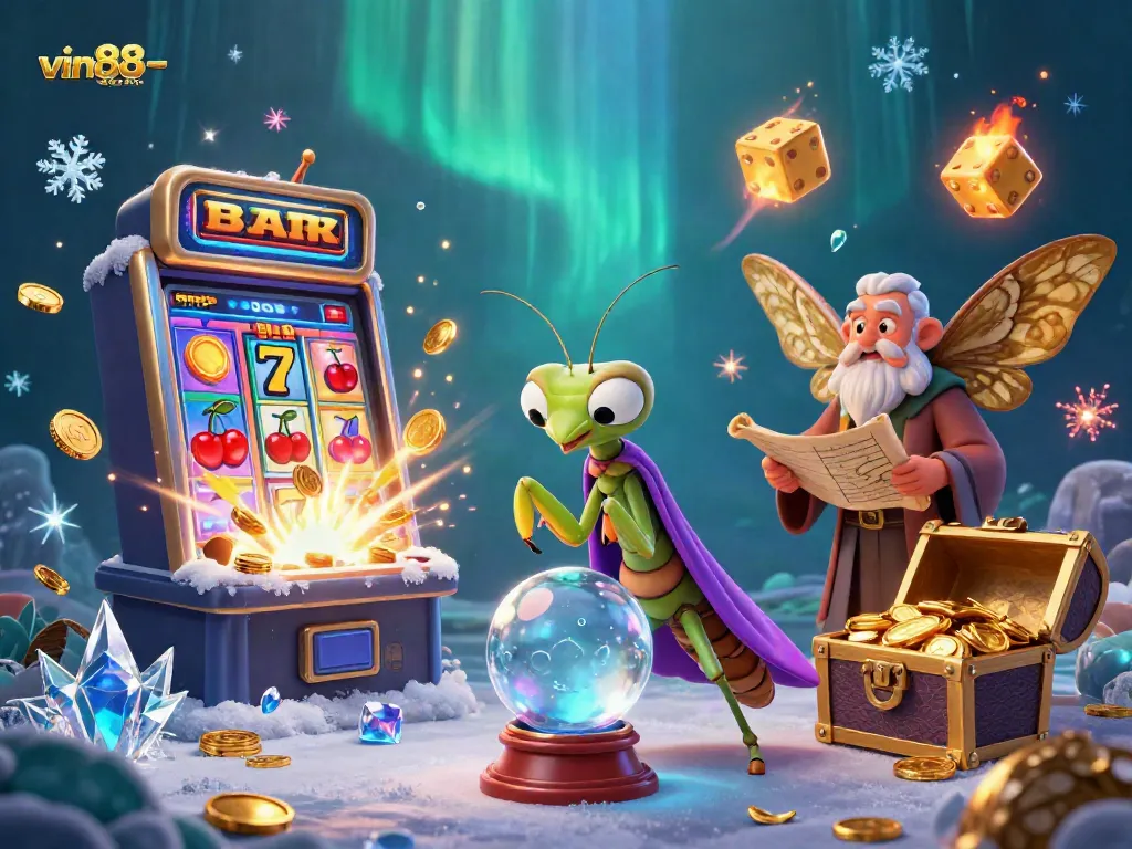 Engage with vin88-casino as a 3D cartoon praying mantis fortune teller predicts riches from interactive slot games.