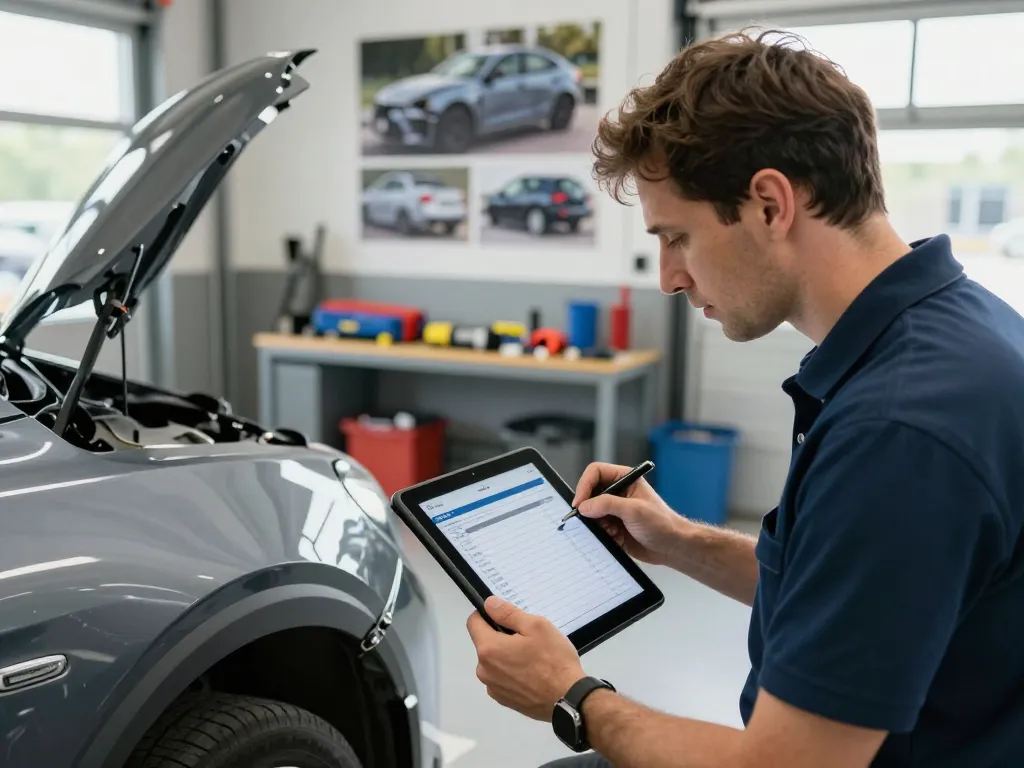 Professioneller Kfz Gutachter überprüft Fahrzeugschäden mit einem digitalen Tablet in einer gut beleuchteten Garage.