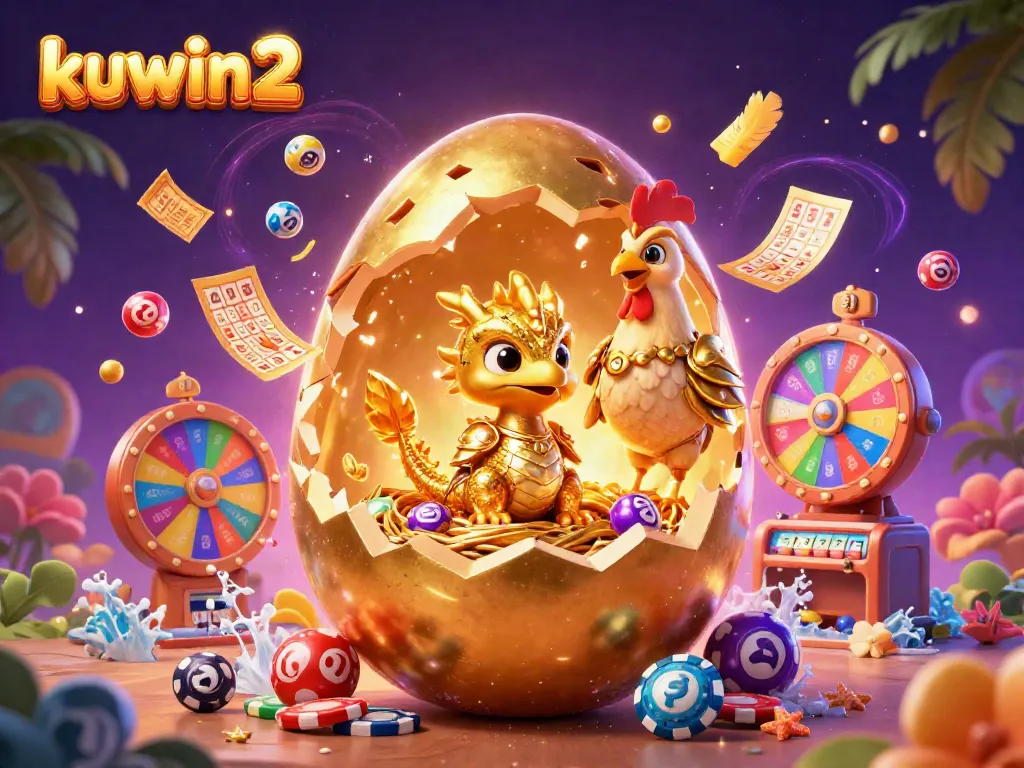 Win big with kuwin2 in a vibrant 3D casino scene showcasing a baby dragon and gold poker chips.