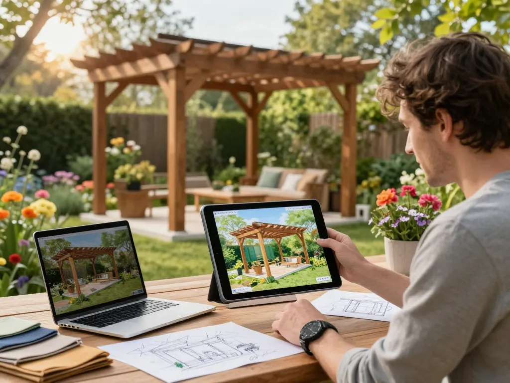 Designer visualisiert eine maßgeschneiderte Pergola mit dem Pergola Konfigurator 3D in einer schönen Gartenumgebung.