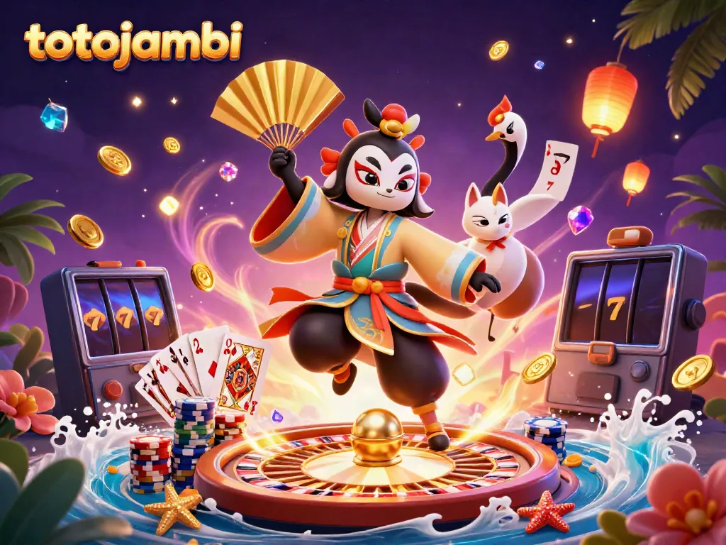 Experience thrilling gaming with totojambi featuring kabuki warrior and kitsune, immersed in a vibrant casino scene.