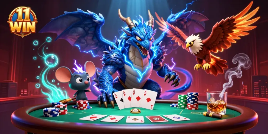 Engage in exciting poker with 11 WIN, featuring a dragon, hawk, and a vibrant casino scene.